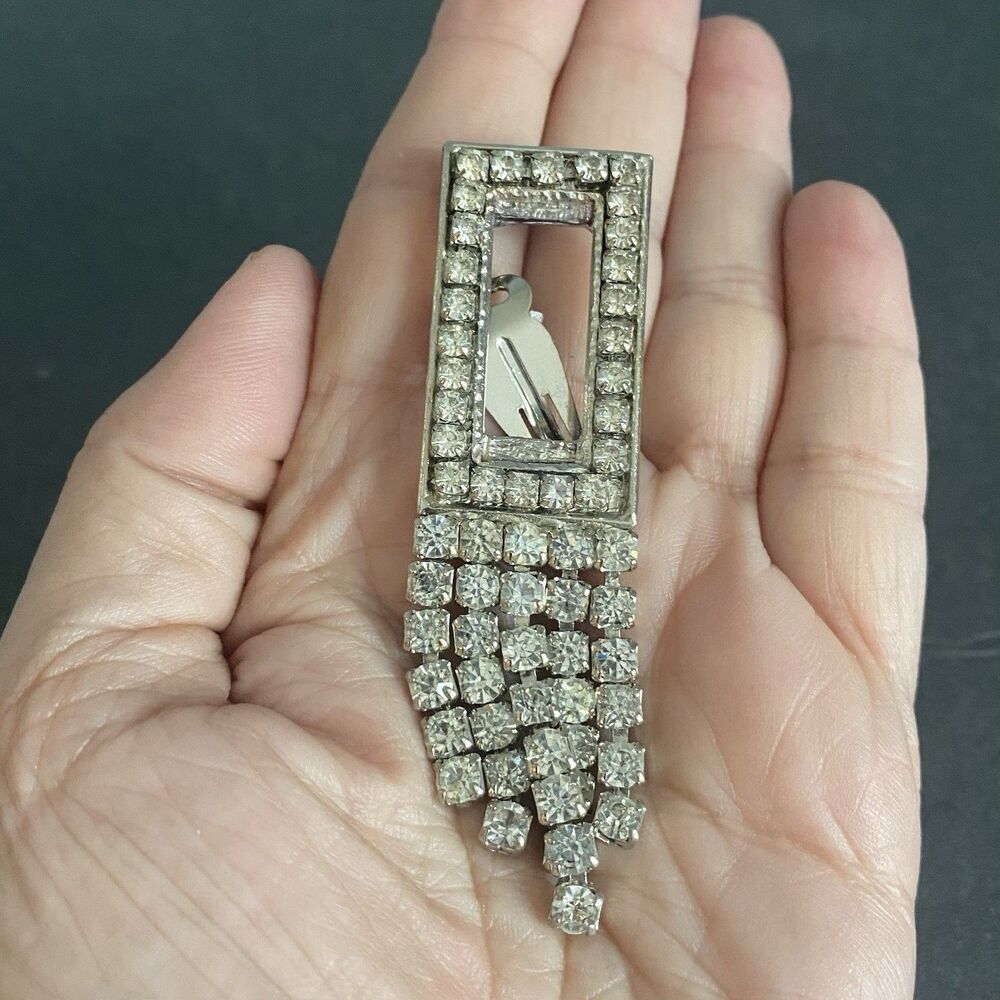 VTG Alexis Kirk Clip On door knocker runway aesthetic Rhinestone Dangle Earrings